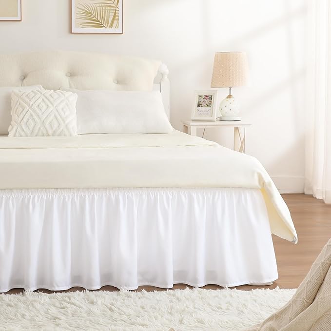 RIMELA Bed Skirting Queen Size White Bed Skirt 25 Inch Drop, Wrap Around Elastic Adjustable Bedskirt, Dust Ruffle for Bed Frame & Box Spring Soft Durable Fabric Machine Washable Easy to Install