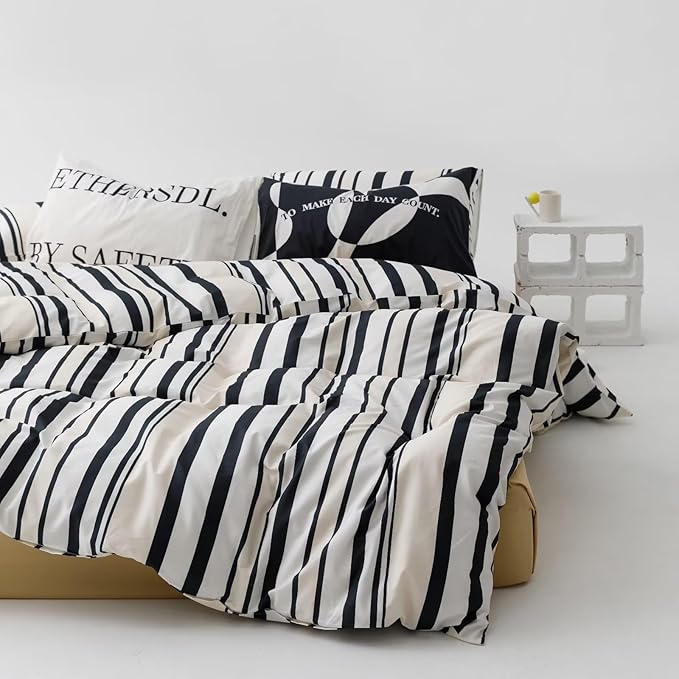 KAREVER Striped Comforter Set Twin Black and White Comforter Men Women Modern Chic Stripes Bed Comforters Beige Black Striped Twin Ticking Bedding Comforter Set All Season Hotel Quality Bed Set