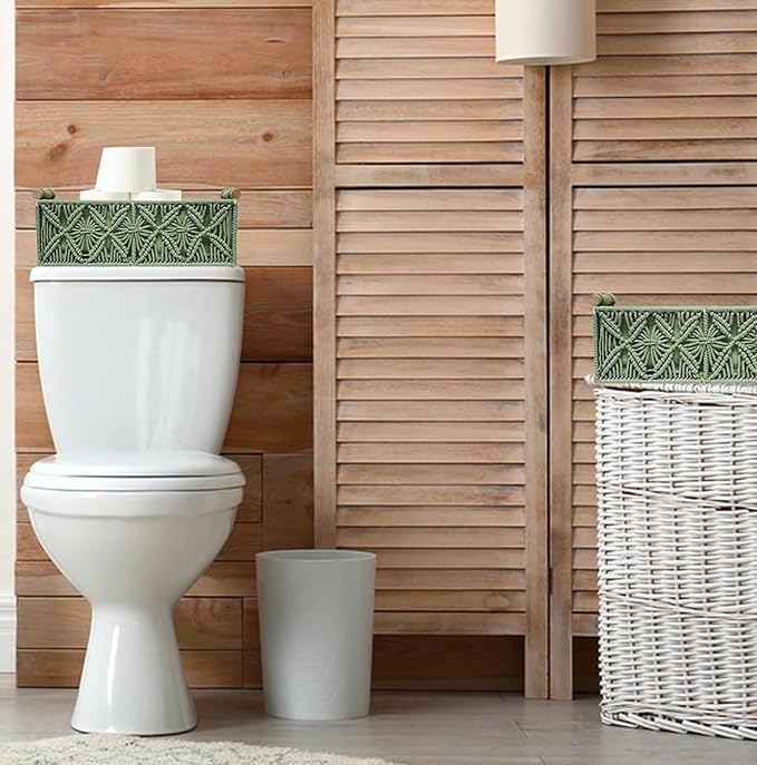HOSROOME Macrame Boho Decor Baskets for Organizing Woven Decorative Basket for Countertop Toilet Paper Basket for Tank Top for Home Decor Bedroom Nursery Livingroom Entryway (Set of 2,Green)