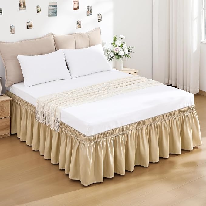 RIMELA Beige Bed Skirt King Size 15 Inch Drop, Wrap Around Elastic Bedskirt, Dust Ruffle for Adjustable Bed Base Machine Washable Easy to Install Bed Skirts
