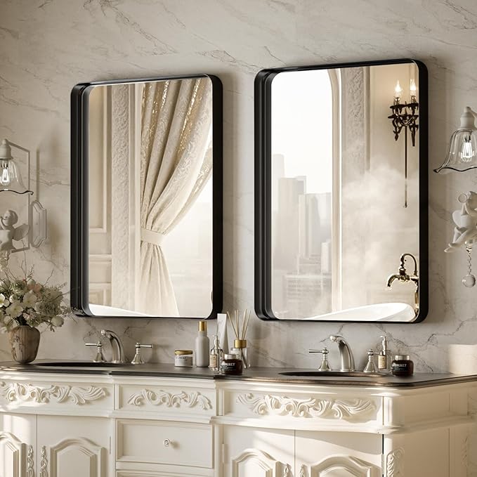 VooBang Bathroom Mirror 24x32 inch, Black Gorgeous Deep Frame Wall Mirror, Modern Round Corner Bathroom Vanity Mirror for Bedroom, Living Room, Hanging or Leaning Horizontal or Vertical, Black