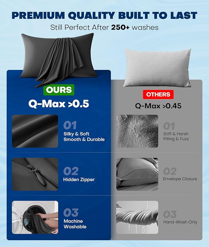 Ultra-Chill Cooling Pillowcase Set of 2 for Hot Sleepers, Softer Than Silk Pillow Cases for Protecting Hair & Skin, Breathable Bed Pillow Covers w/Zipper, Gifts for Women & Men (Black, Queen)