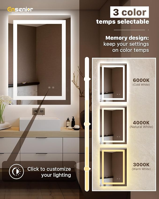 Ensenior LED Bathroom Mirror 30"x 36" with Front and Backlight, Stepless Dimmable Wall Mirrors with Anti-Fog, Shatter-Proof, Memory, 3 Colors, Modern LED Vanity Mirror-FCC