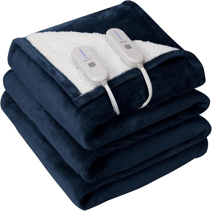Heated Blanket King Size - Dual Control King Electric Blanket with 5 Heat Settings, 10 Hrs Auto Off for Bed, ETL Certified, Washable Flannel Sherpa Heating Blankets 100" x 90", Navy