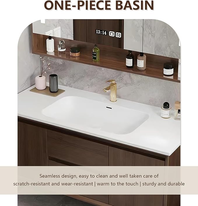 Bathroom Sink Vanity 76Inch, Floating Bathroom Vanity with LED Smart Defogging Mirror Cabinet and Open Shelf, Multi-Layer Solid Wood Bathroom Furniture Cabinet, Wall Mount Installation (Walnut)