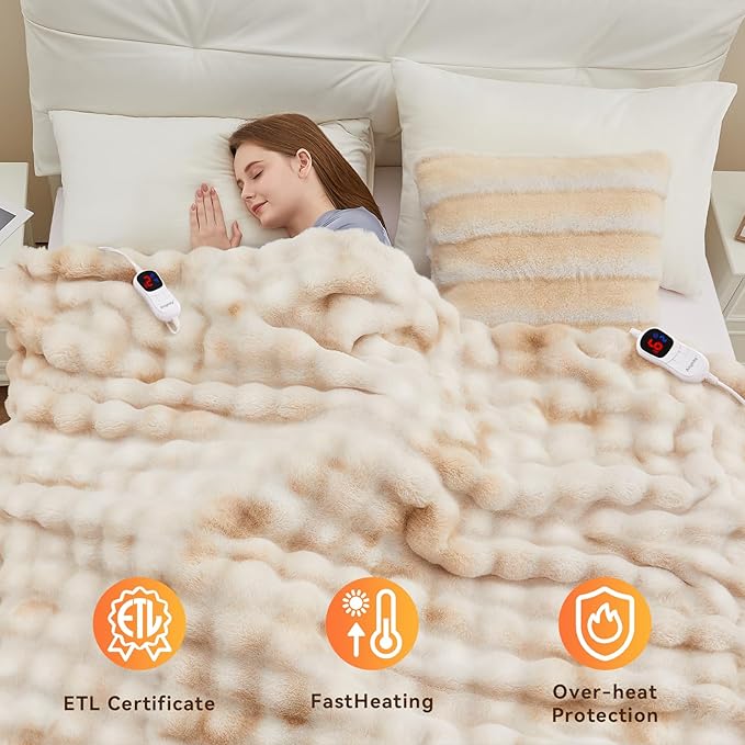 Heated Blanket King Size with 1/2/4/6/8 Hours Auto-Off 10 Heat Level, 90'' * 100'' Cozy Faux Rabbit Fur Bubble Electric Blanket with Overheat Protection(Tie-Dye Beige)