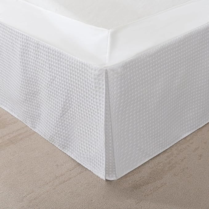Full Bed Skirt, Wrap Around Bed Skirt with Pleated Corner, 12 Inch Drop Pleated Waffle Weave Bedskirts, Anti-Slip, Microfiber, White, 12'' Full