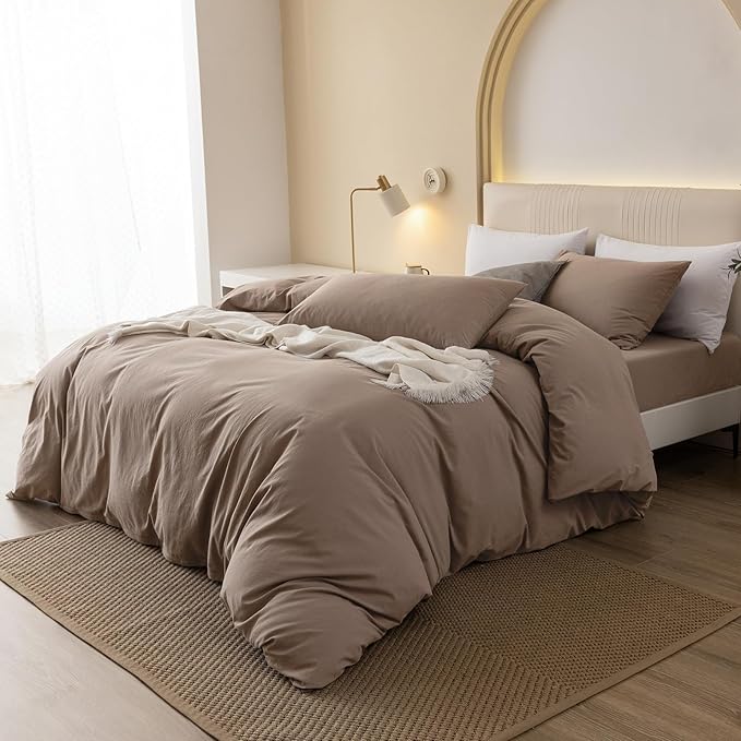 JIYUAN 100% Washed Cotton Duvet Cover Set 3 Pieces Super King, 1 Duvet Cover 108x98 Inches(Comforter Not Included) and 2 Pillowcases,Linen Feel Bedding Set Comfy and Breathable,Light Brown