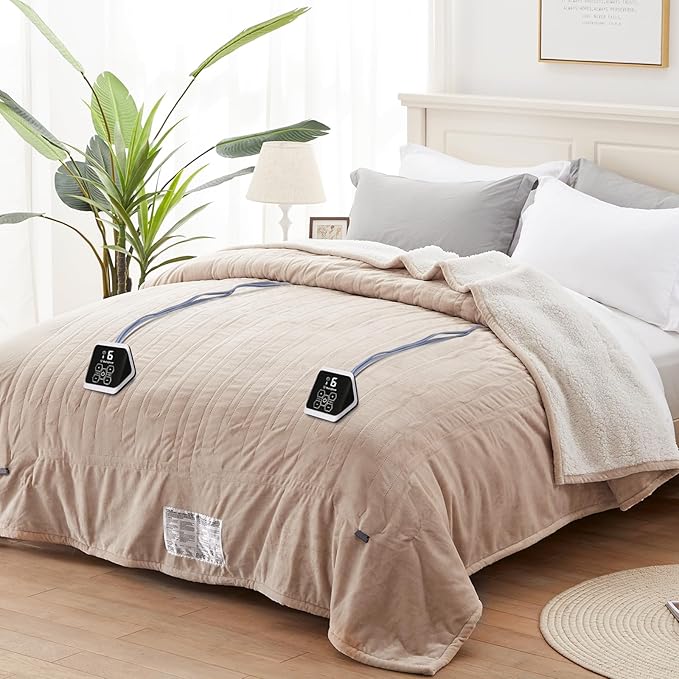 Westinghouse Electric Heated Blanket - Queen Size, Soft Flannel to Sherpa, 10 Heating Levels, 12 Hour Auto Off, Machine Washable, 84x90 Inch, Beige