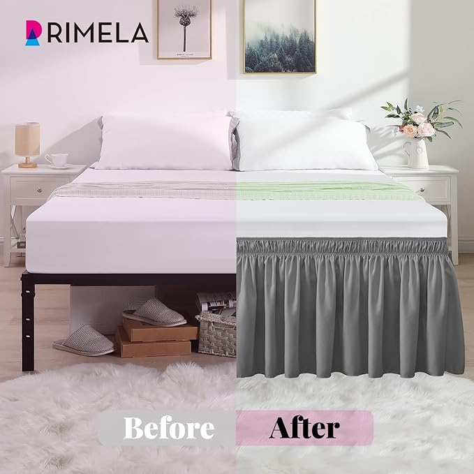 RIMELA Gray King Size Bed Skirt 18 Inch Drop, Elastic Bed Skirts Cal King Dust Ruffle, Light Grey Bedskirt for Adjustable Bed Base Solid Fade Resistant Silky Fabric Machine Washable Easy to Install