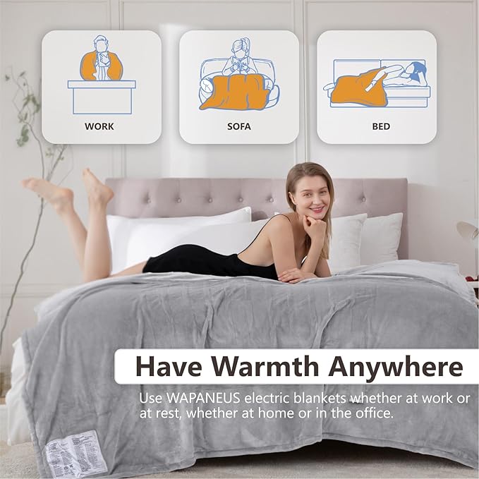 Wapaneus Heated Blanket Electric Throw 72" x 84" Full Size with 10 Heating Levels 12 Hours Time Setings and Auto-Shut Off, Flannel Fast-Heating Electric Blanket,Machine Washable,Light Grey