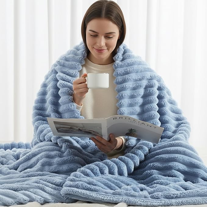decorUhome Christmas Soft Fleece Blue Grey Blanket Queen Size for Bed, Cozy Fluffy Plush Flannel Large Striped Throws for Couch Sofa, Lightweight Decorative Fuzzy Blanket for Woman, 90x90 Inches
