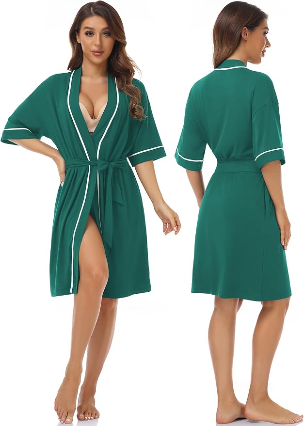 COLORFULLEAF Womens Bamboo Short Robes Lightweight Kimono Cotton Robe Soft Knit Bathrobe Ladies Loungewear with Pockets