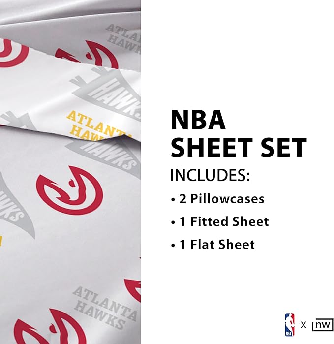 Northwest Officially Licensed Atlanta Hawks NBA Queen Size Sheet Set – Soft Team Logo Bedding for Dorms, Bedrooms, Fan Caves & Game Day Style
