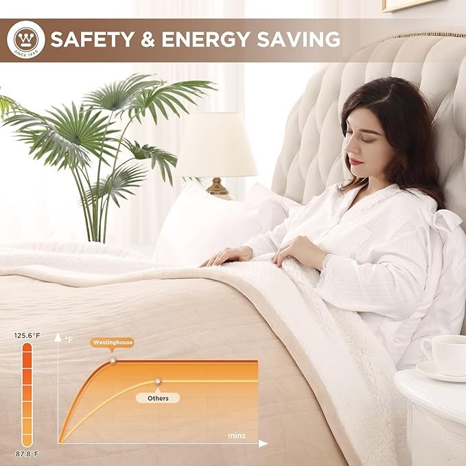 Westinghouse Heated Blanket King Size, Soft Flannel to Sherpa Electric Blanket with 10 Heating Levels, 1-12 Hours Auto Shut Off, Fast Heating, Machine Washable, 100x90 Inch, Beige