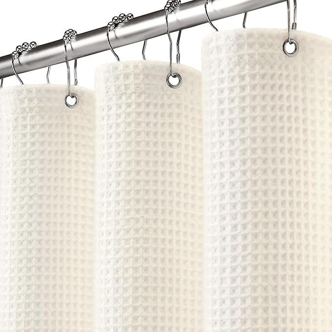 Extra Long Waffle Shower Curtain - Ivory Cotton Texture Fabric Heavyweight Shower Curtain for Bathroom,72Wx90L