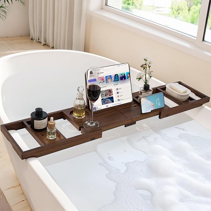 Teak Bathtub Tray Expandable Bathroom Tray for Home Spa Relaxation, Wooden Tray Caddy for Bathtub, Teak Bathtub Caddy as Unique Housewarming, Birthday, Wedding Shower Gifts (Walnut Teak)