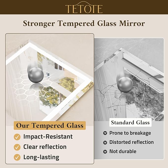 TETOTE 48 x 24 Inch Led Lighted Bathroom Mirror with Lights, Beveled Front and Backlit Extra-Bright Light up Mirror for Bathroom Wall, 3-Color Dimmable, Defogging, Tempered Glass, Waterproof