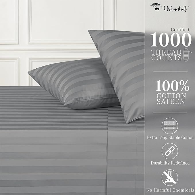 URBANHUT 1000 Thread Count Egyptian Cotton Sheets Damask Striped King Size, Long Staple Soft & Breathable, 4 Pc Bed Sheet Sets, Luxury Hotel Sateen Sheets Fits 16" Deep Pocket - Dark Grey