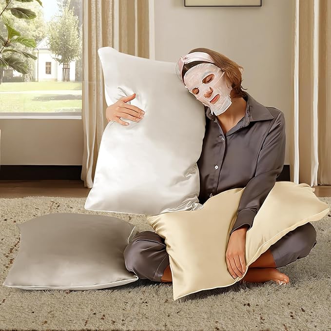 BHZ Satin Goose Down Feather Pillows Standard Size with White Satin Pillowcase for Hair and Skin, Cooling Pillow Cases Similar to Silk Pillow Cases, Decorative for Women, Mom Men