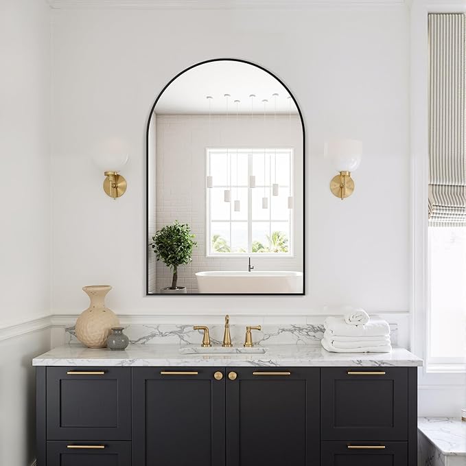 Delma Arched Bathroom Mirror, 24"x36" Wall Mounted Vanity Mirror for Bedroom, Living Room and Entryway, Black