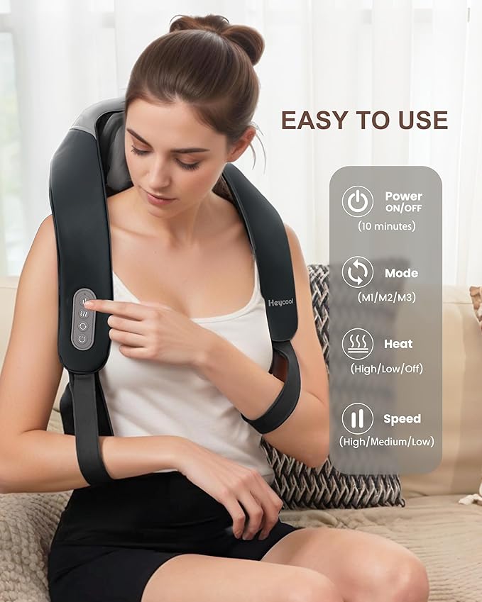 Cordless Neck and Shoulder Massager with Heat, Shiatsu Neck Back Massager Deep Tissue, 3 Massage Intensity & 2 Heating Area, Gifts for Women, Men