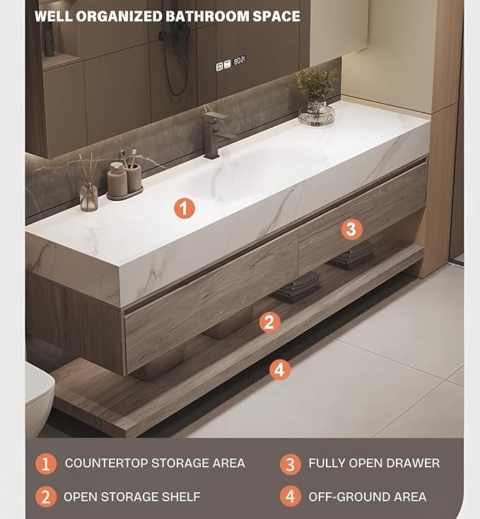 Floating Bathroom Sink Vanity 48Inch, Solid Wood Bathroom Vanities Set Includes Smart Rectangular Mirror, Slate Countertop and Integrated Sink, Modern Bathroom Cabinet with Drawers and Open Storage