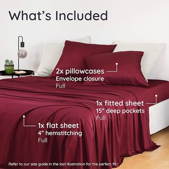 Bambaw 100% Viscose Derived from Bamboo Sheets Full Size Set – 4pcs Set of Full Size Bed Sheets Cooling and Soft, with Elastic Corner Straps, Bedding for Night Sweats (Burgundy)