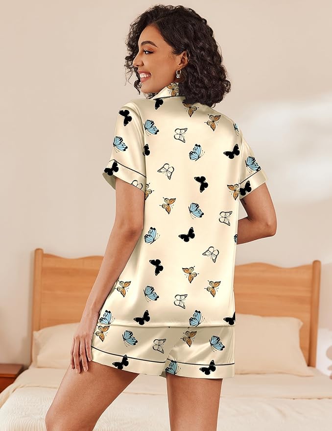 Ekouaer Pajamas for Women Set Silk Satin Pjs Shorts Sleepwear 2 Piece Loungewear S-XXL
