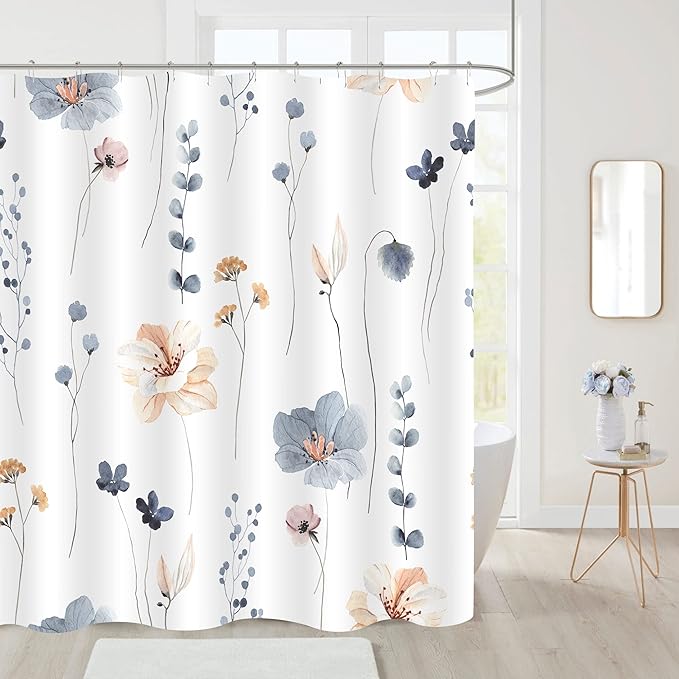 Gibelle Small Stall Shower Curtain 36 x 72, Narrow Half Watercolor Floral Fabric Shower Curtain, Blue Beige Flower Decorative Bathroom Shower Curtain Set with Hooks