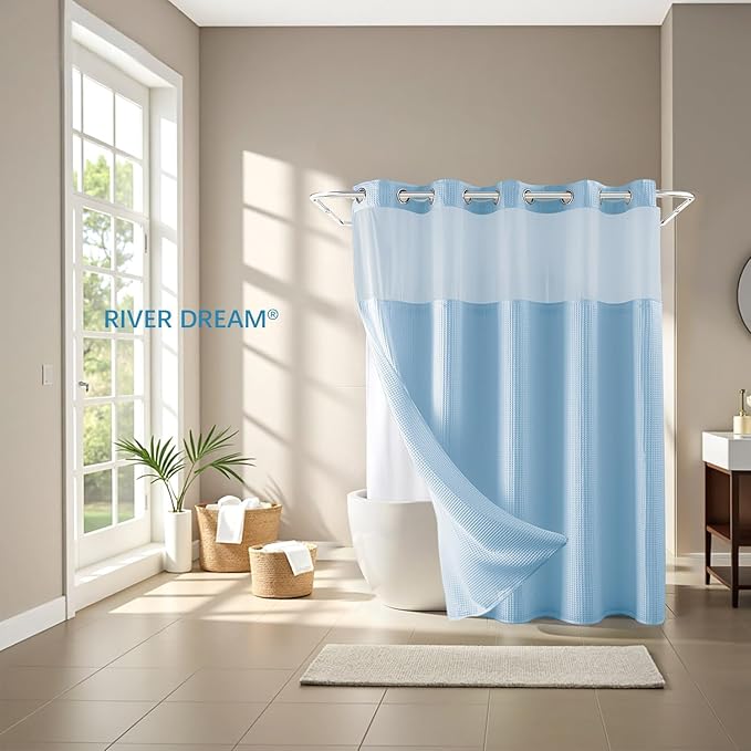 River Dream Sky Blue Fabric Shower Curtain Set, Cotton Blend, Waffle Weave, with Snap in Replacement Liner，71 x 86 inches