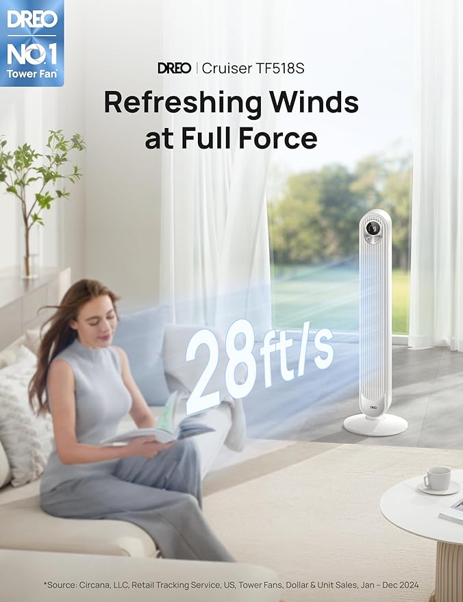Dreo Smart Tower Fan for Bedroom, Floor Standing Bladeless Oscillating Fan with Remote, 9 Speeds, 4 Modes, 12H Timer, for Indoor Bedroom Home Office, WiFi Voice Control, Cruiser TF518S