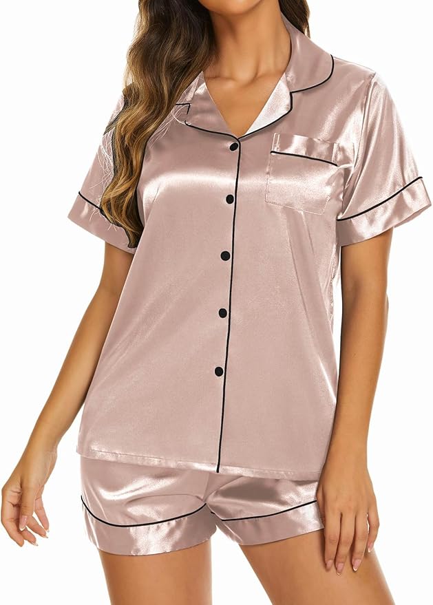 Ekouaer Pajamas for Women Set Silk Satin Pjs Shorts Sleepwear 2 Piece Loungewear S-XXL