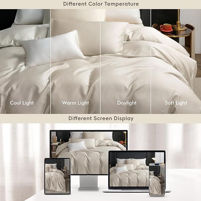MooMee Duvet Cover Set 100% Extra Long Staple Cotton 600 Thread Count Silky Sateen Smooth Luxury Soft Breathable Durable Hotel Quality Bedding, 3 Pieces (Beige, King 104"x90")