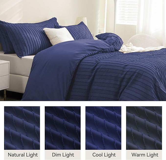 JELLYMONI Duvet Cover Queen Size Navy Blue - 3PCS Boho Striped Duvet Cover Set Polyester Tufted Bohemian Textured Comforter Cover 90×90in with Corner Ties & Zipper and 2 Pillowcases