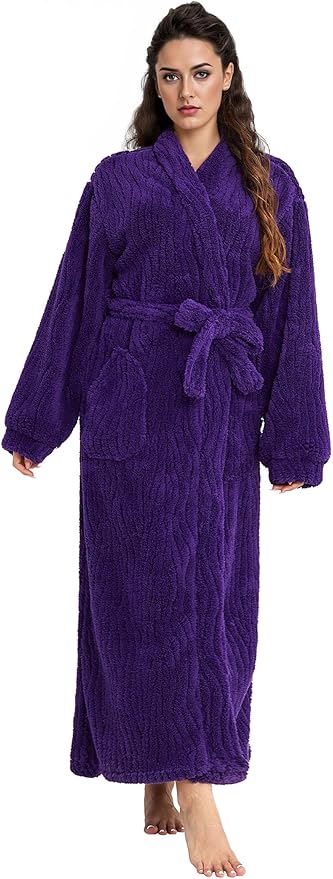 Artfasion Womens Long Fleece Robe - Warm Soft Floor Length Flannel Bathrobes for Winter Thicker Long House Coat with Pockets