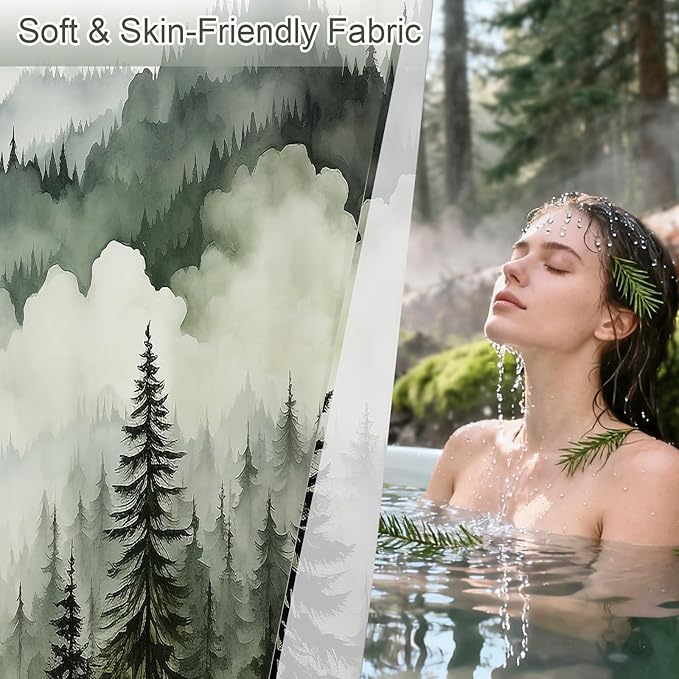 Dark Green Misty Pine Forest Shower Curtain, Mountain Foggy Woodland Scenery Tree Shower Curtains for Chic Rustic Bathroom, Abstract Modern Waterproof Nature-Themed Decor, 72x72 Inches