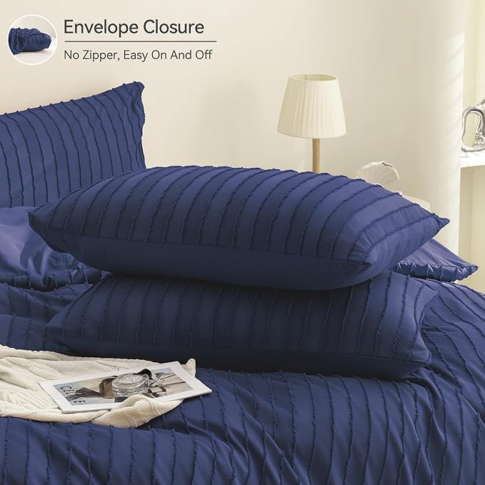 JELLYMONI Duvet Cover King Size Navy Blue - 3PCS Boho Striped Duvet Cover Set Polyester Tufted Bohemian Textured Comforter Cover 104×90in with Corner Ties & Zipper and 2 Pillowcases