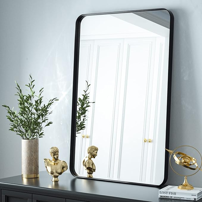 VooBang Bathroom Mirror 30x40 inch, Black Gorgeous Deep Frame Wall Mirror, Modern Round Corner Bathroom Vanity Mirror for Bedroom, Living Room, Hanging or Leaning Horizontal or Vertical, Black