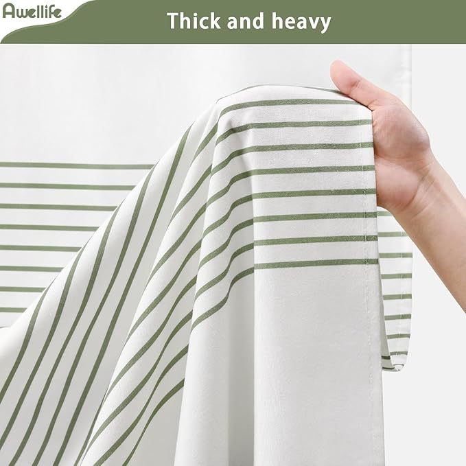 Awellife Sage Green Shower Curtain for Bathroom Stripe Tassel Shower Curtain 72 X 96 Inches Farmhouse Cotton Extra Long