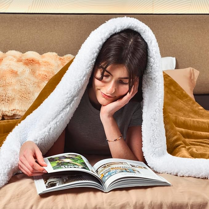KAWAHOME Sherpa Fleece Twin Size Blanket for Bed - Extra Warm and Heavy Thick Blankets for Winter, Super Soft 500GSM Plush Blanket, 66"X 90" Ginger Yellow