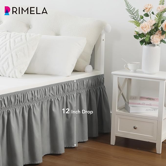 RIMELA Light Grey Bed Skirt King Size 12 Inch Drop, Elastic Bed Skirting for Bed Base and Frame, Bedding Dust Ruffle Easy to Install, Lightweight Wrap Around Adjustable Bedskirt