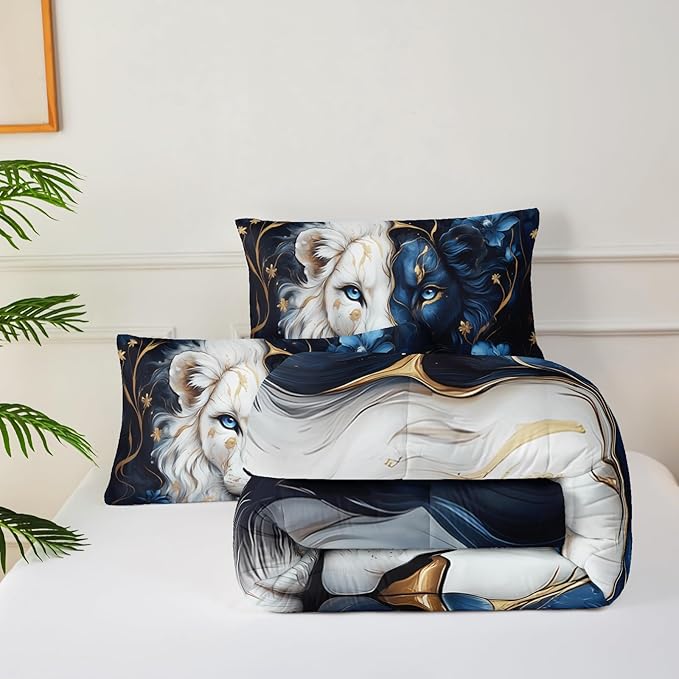 Black and Gold Flower Lion Comforter Set Queen Size，Animal Print Queen Size Bedding Set for Boy，with 1 Comforter with 2 Pillow Case