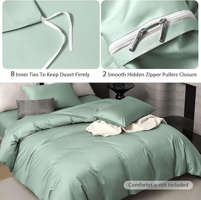 PURE ERA Duvet Cover Set 800 Thread Count Long Staple Cotton Sateen Silky Soft Luxurious Smooth 3 Piece Set Light Sage Green Queen