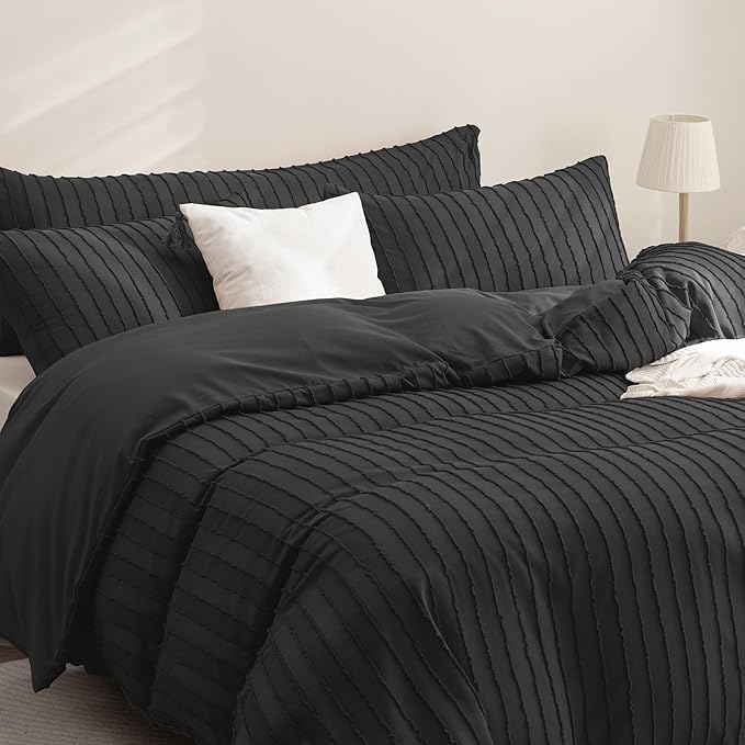 JELLYMONI Duvet Cover Queen Size Black - 3PCS Boho Striped Duvet Cover Set Polyester Tufted Bohemian Textured Comforter Cover with Corner Ties & Zipper Closure
