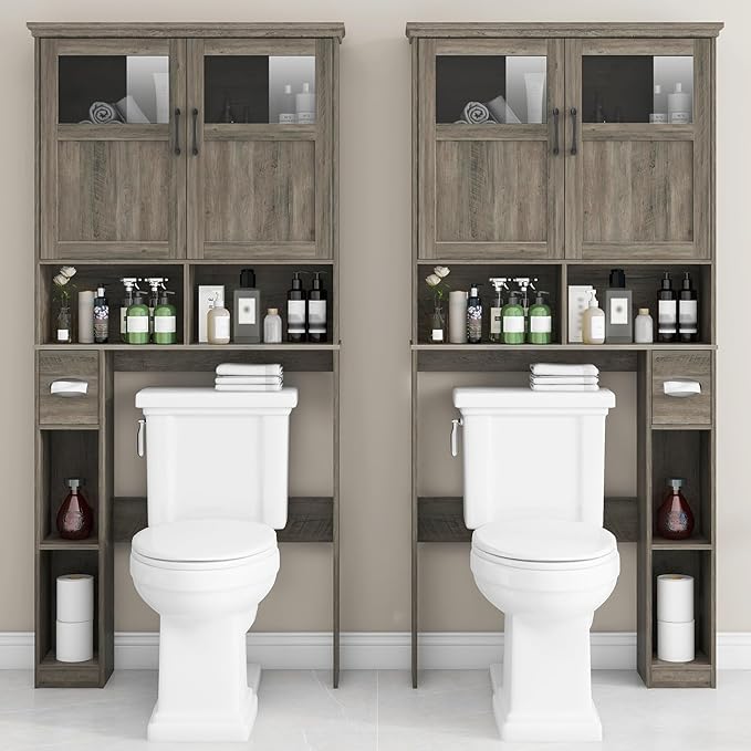 Vabches Over-The-Toilet Storage Cabinet with Double Doors, Toilet Paper Holder Stand & Adjustable Shelf, Freestanding Space Saver, Grey