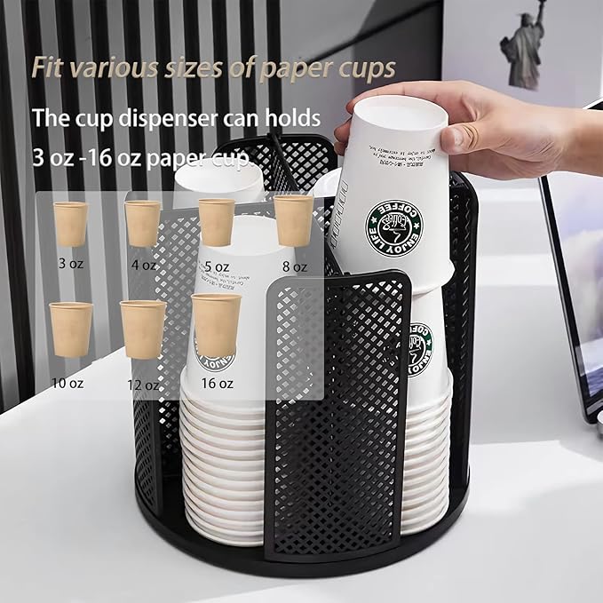 Paper Cup and Lid Holder Plastic Cup Storage Organizer Coffee Cup Dispenser for Countertop, Breakroom, Bathroom, Coffee Station, Bar, Buffet, Kitchen Cabinet - Black