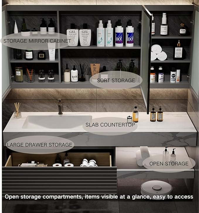 Bathroom Vanity 52 inch, Single Sink Floating Vanity Set Includes Anti-Fog LED Mirror Cabinet, Slate Countertop and Wall-Mount Sink Cabinet, Modern Bathroom Vanities(Greyish Black)