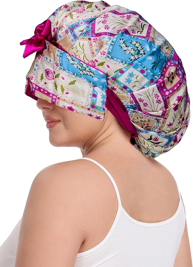 Pleated Silk Sleeping Bonnet with Eye Mask Double Layer Satin Hair Bonnets Sleep Cap for Curly Natural Hair