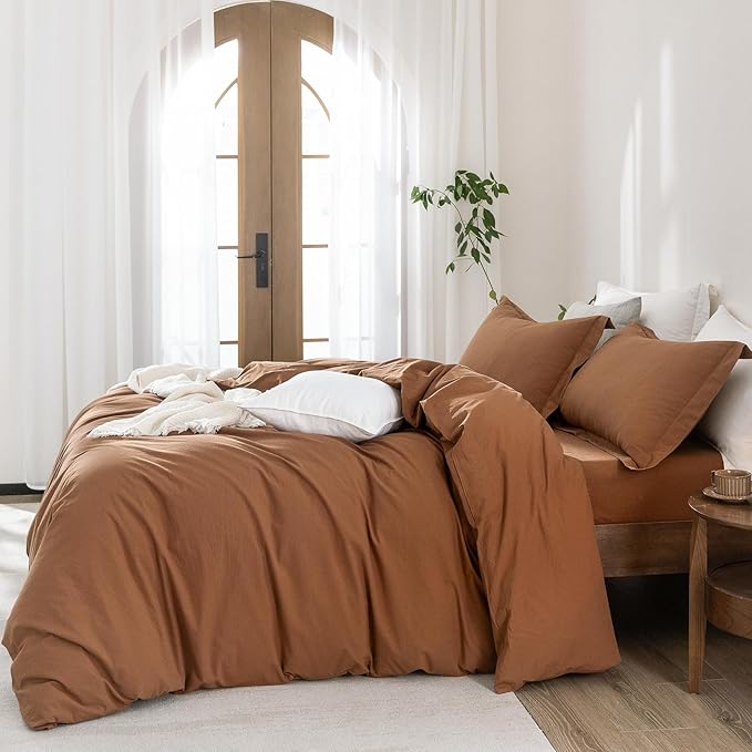 100% Washed Cotton Dark Orange Duvet Cover King Size Bedding Set Cover 1 Duvet Cover with Zipper Closure Plus 2 Pillowcases, 104inch x 90inch